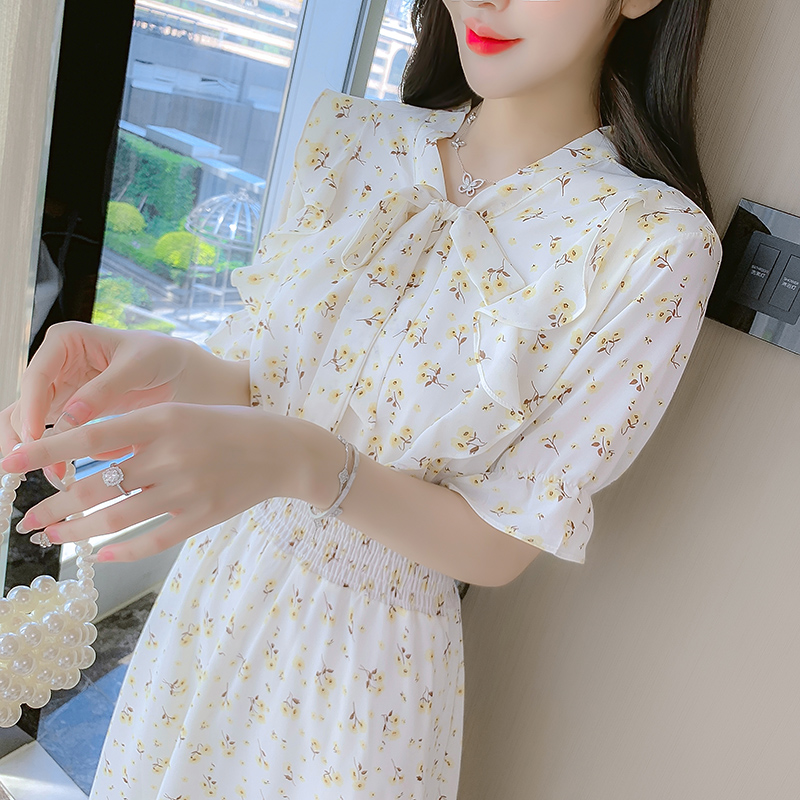 Summer Floral Chiffon Dress Women 2024 French Tea Break Bow Midi Dress - Image 4