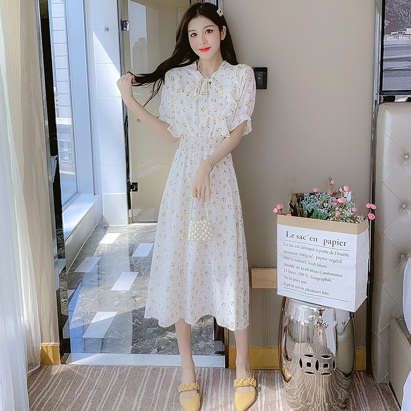 Summer Floral Chiffon Dress Women 2024 French Tea Break Bow Midi Dress - Image 5