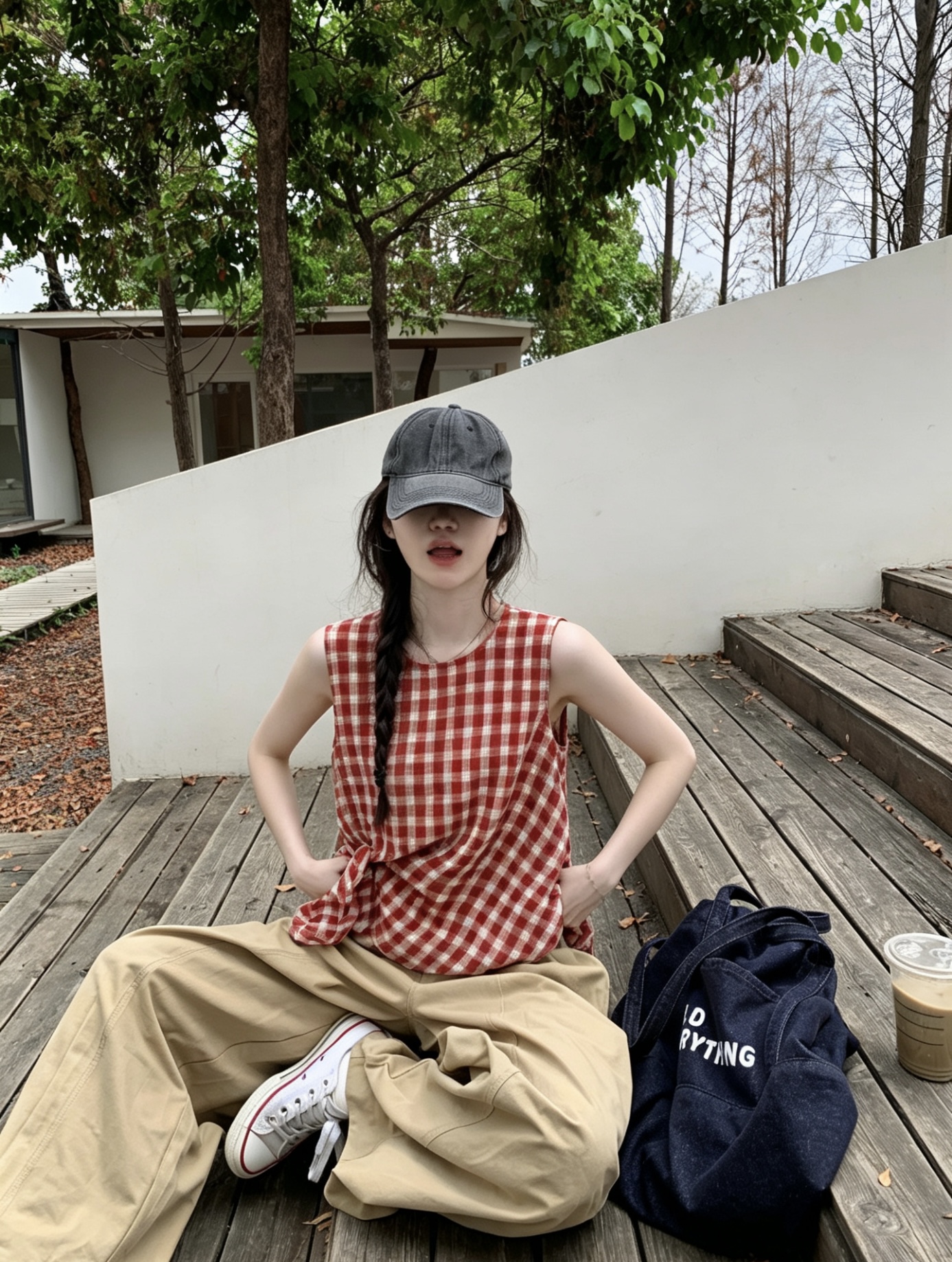 Sweet Red Plaid Sleeveless Camisole Shirt with Asymmetrical Straps