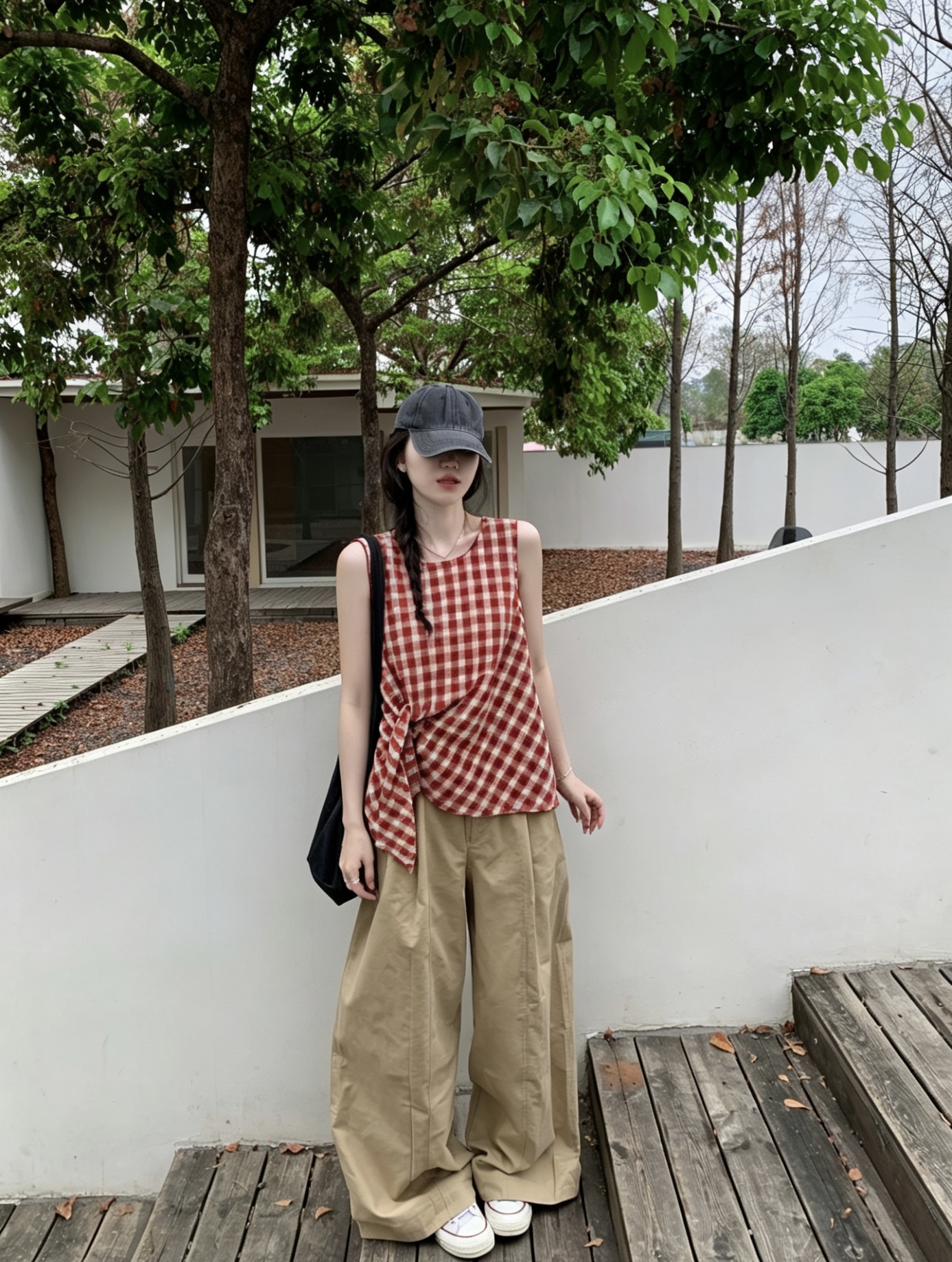 Sweet Red Plaid Sleeveless Camisole Shirt with Asymmetrical Straps - Image 2