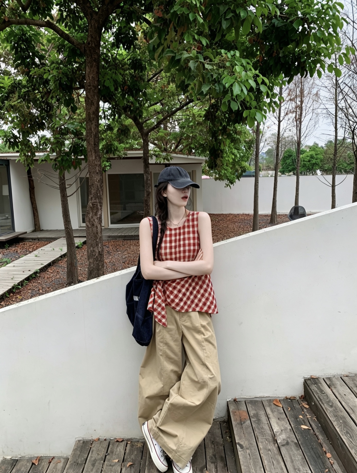 Sweet Red Plaid Sleeveless Camisole Shirt with Asymmetrical Straps - Image 3