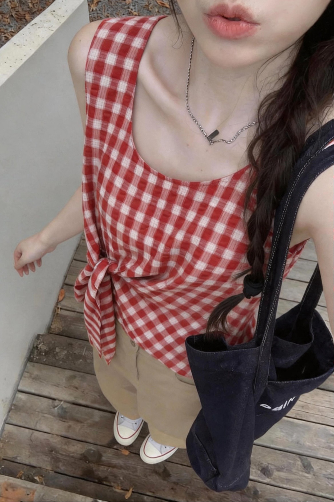 Sweet Red Plaid Sleeveless Camisole Shirt with Asymmetrical Straps - Image 5