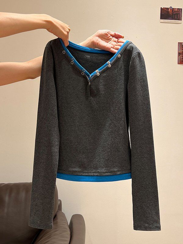 V-Neck Button Long Sleeve T-Shirt Women Layering Top Early Autumn French Korean Style Petite Friendly