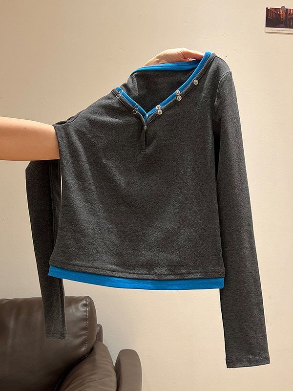 V-Neck Button Long Sleeve T-Shirt Women Layering Top Early Autumn French Korean Style Petite Friendly - Image 2