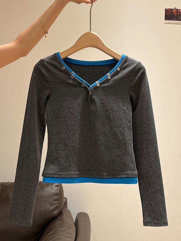 V-Neck Button Long Sleeve T-Shirt Women Layering Top Early Autumn French Korean Style Petite Friendly - Image 4
