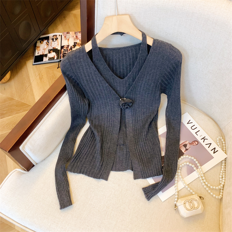 Women's 3D Flower Knit Cardigan Top with Halter Vest and Layered Look