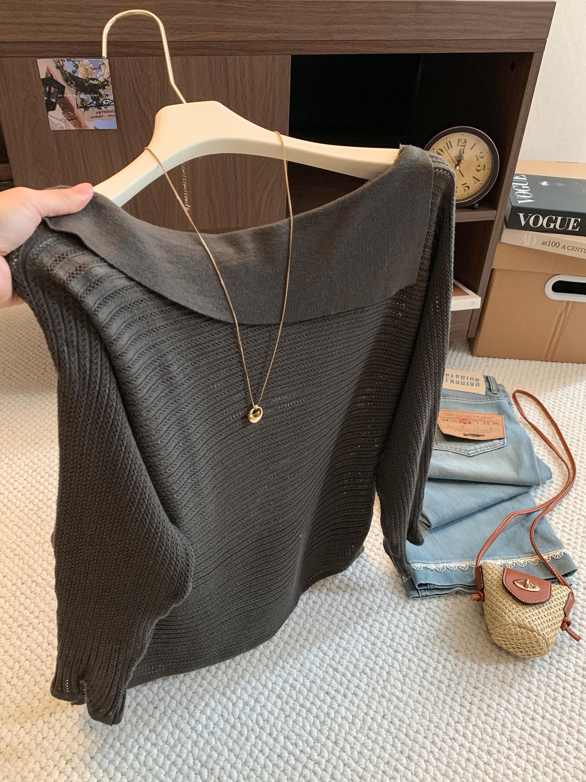 Women's Asymmetric Collar Cold Shoulder Batwing Hollow Knit Sweater Top