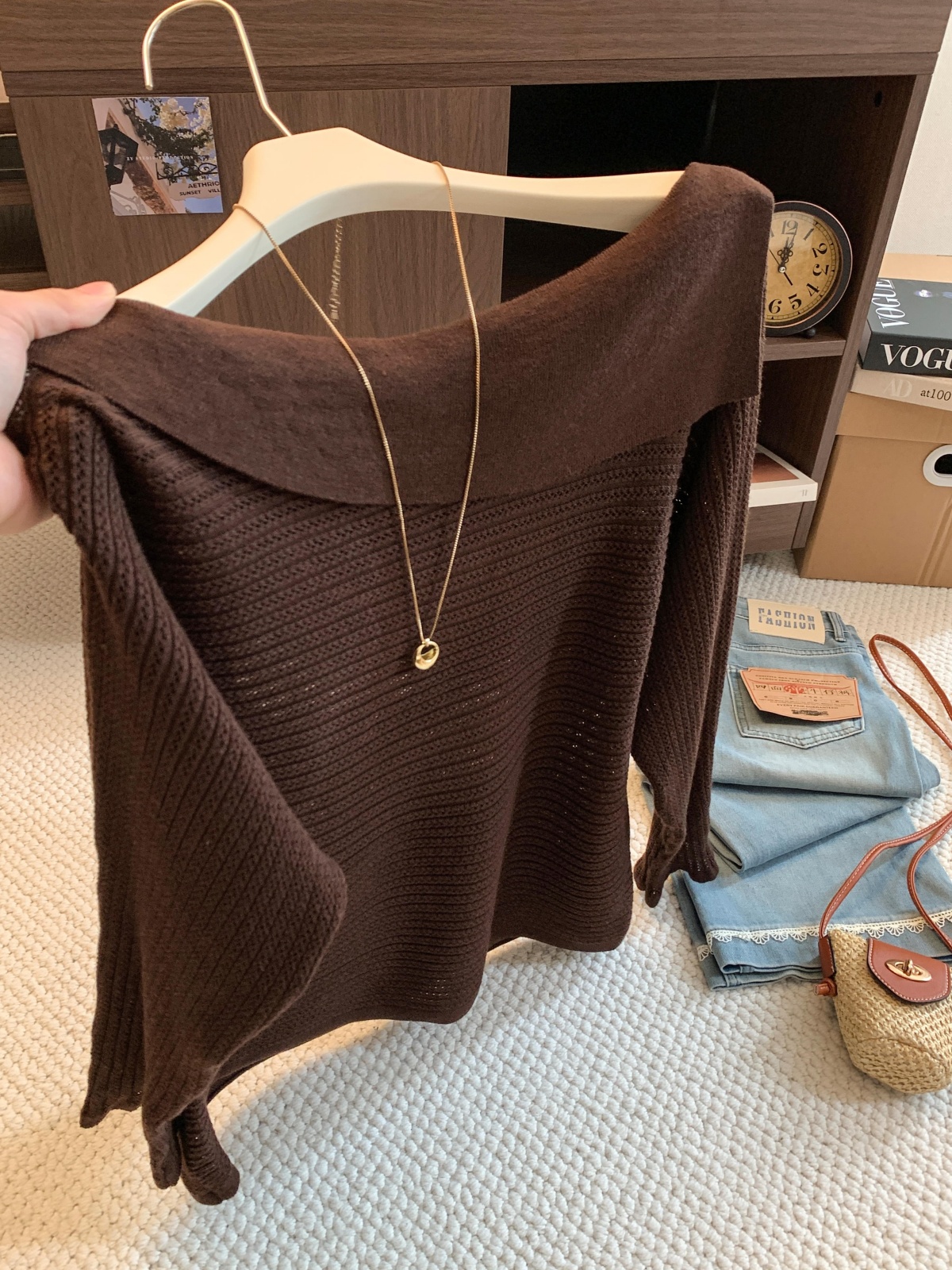 Women's Asymmetric Collar Cold Shoulder Batwing Hollow Knit Sweater Top - Image 2