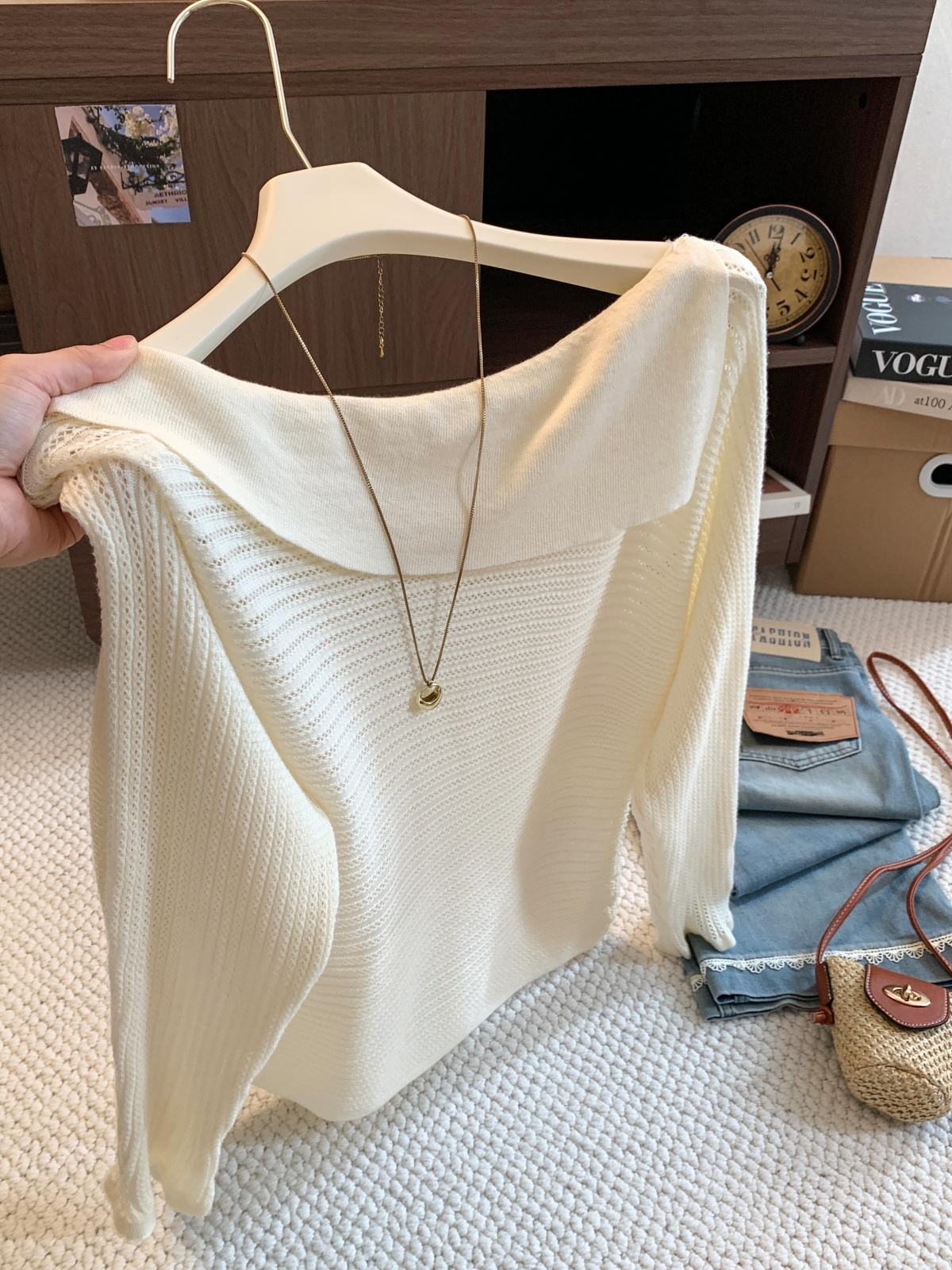 Women's Asymmetric Collar Cold Shoulder Batwing Hollow Knit Sweater Top - Image 3