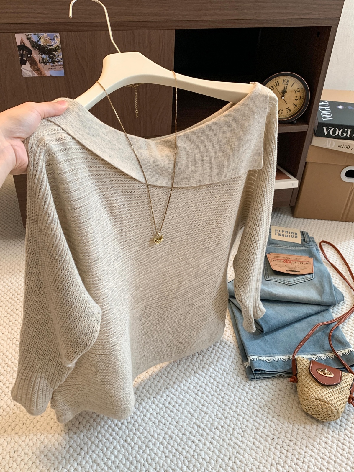 Women's Asymmetric Collar Cold Shoulder Batwing Hollow Knit Sweater Top - Image 4