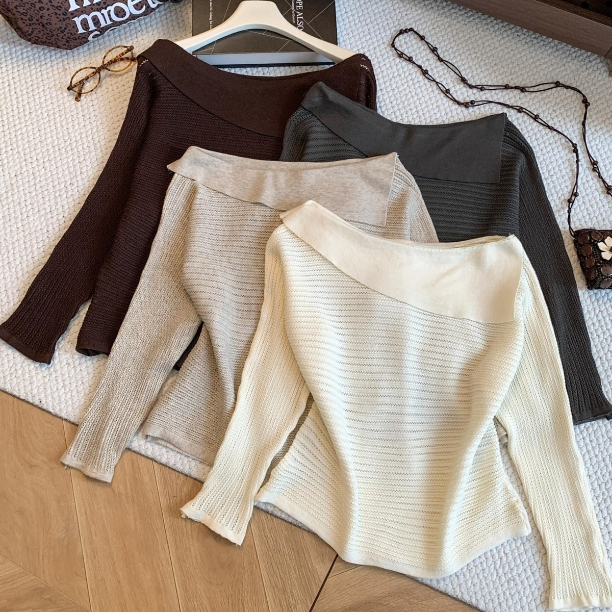 Women's Asymmetric Collar Cold Shoulder Batwing Hollow Knit Sweater Top - Image 5