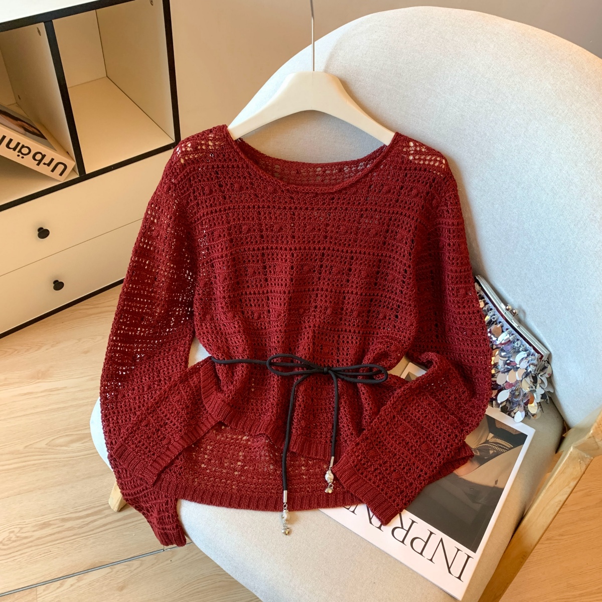 Women's French Style Lazy Air Conditioning Sun Protection Cover Up Irregular Hem Hollow Out Loose Knit Top