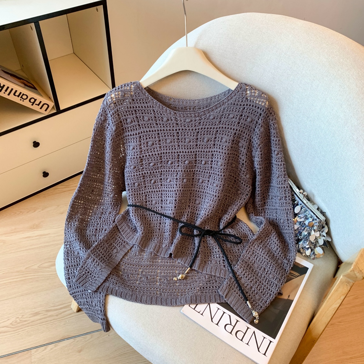 Women's French Style Lazy Air Conditioning Sun Protection Cover Up Irregular Hem Hollow Out Loose Knit Top - Image 4