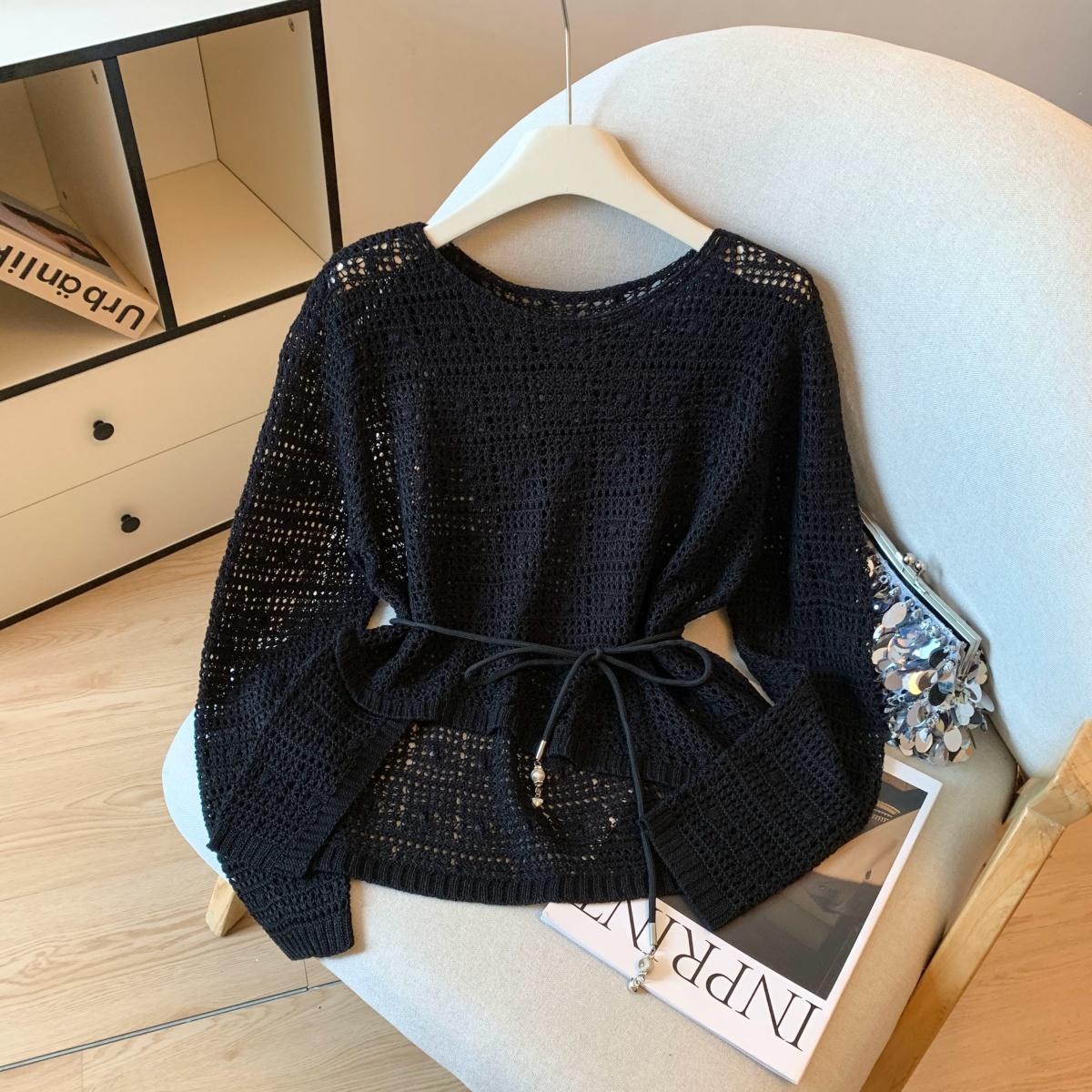 Women's French Style Lazy Air Conditioning Sun Protection Cover Up Irregular Hem Hollow Out Loose Knit Top - Image 5