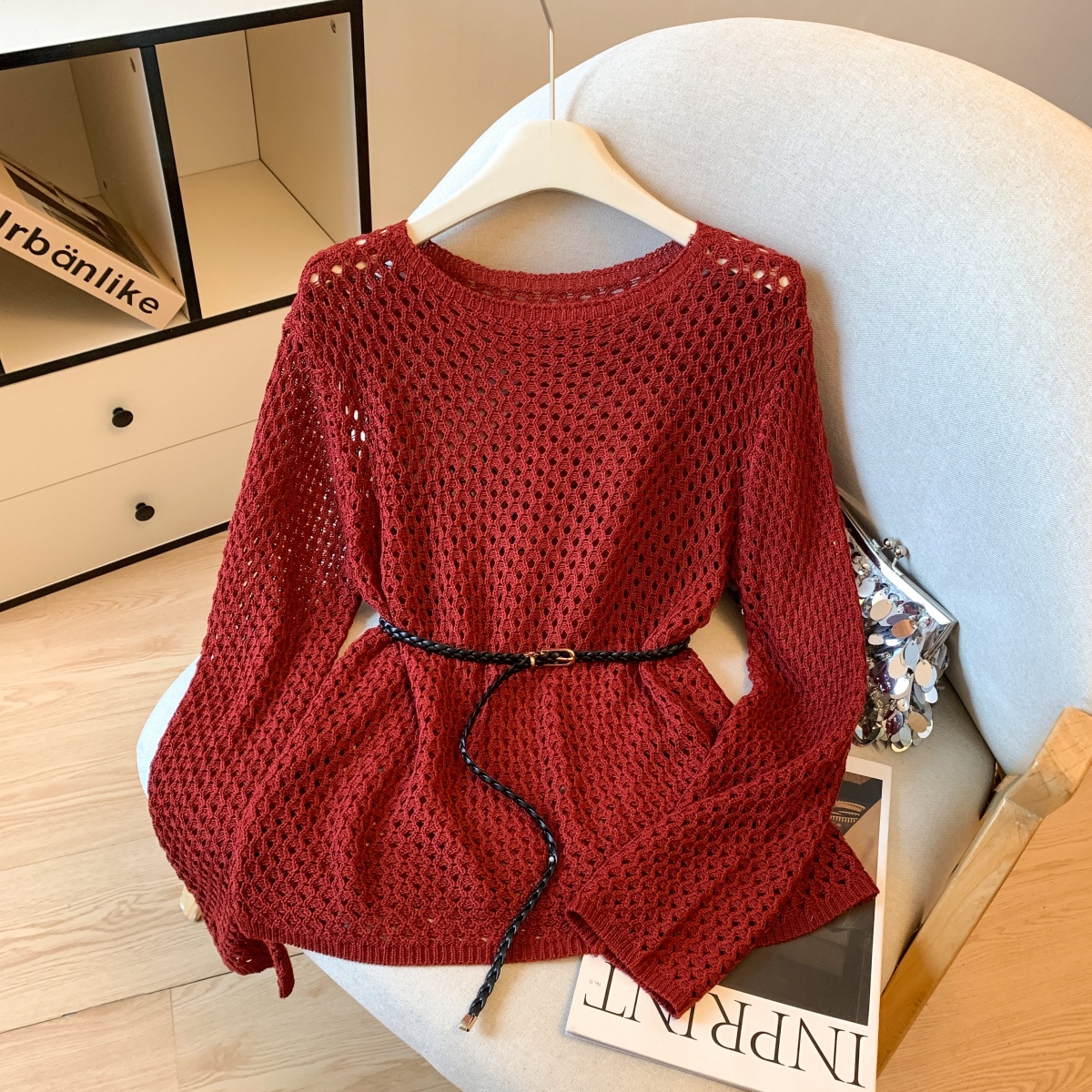 Women's Loose Hollow Knit Pullover Top with Belt Casual French Style