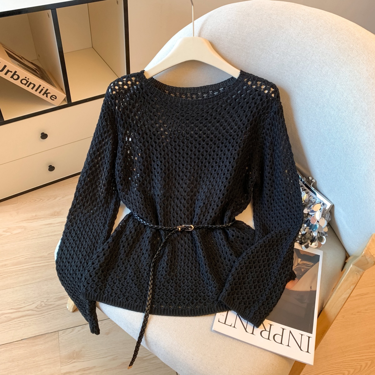 Women's Loose Hollow Knit Pullover Top with Belt Casual French Style - Image 2