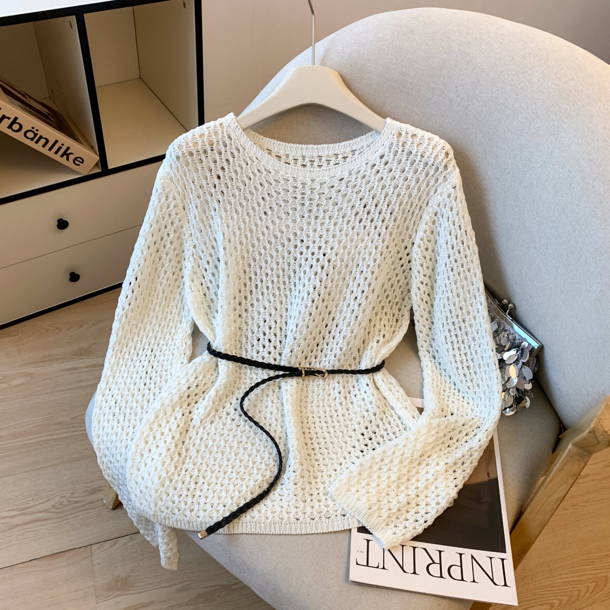 Women's Loose Hollow Knit Pullover Top with Belt Casual French Style - Image 3