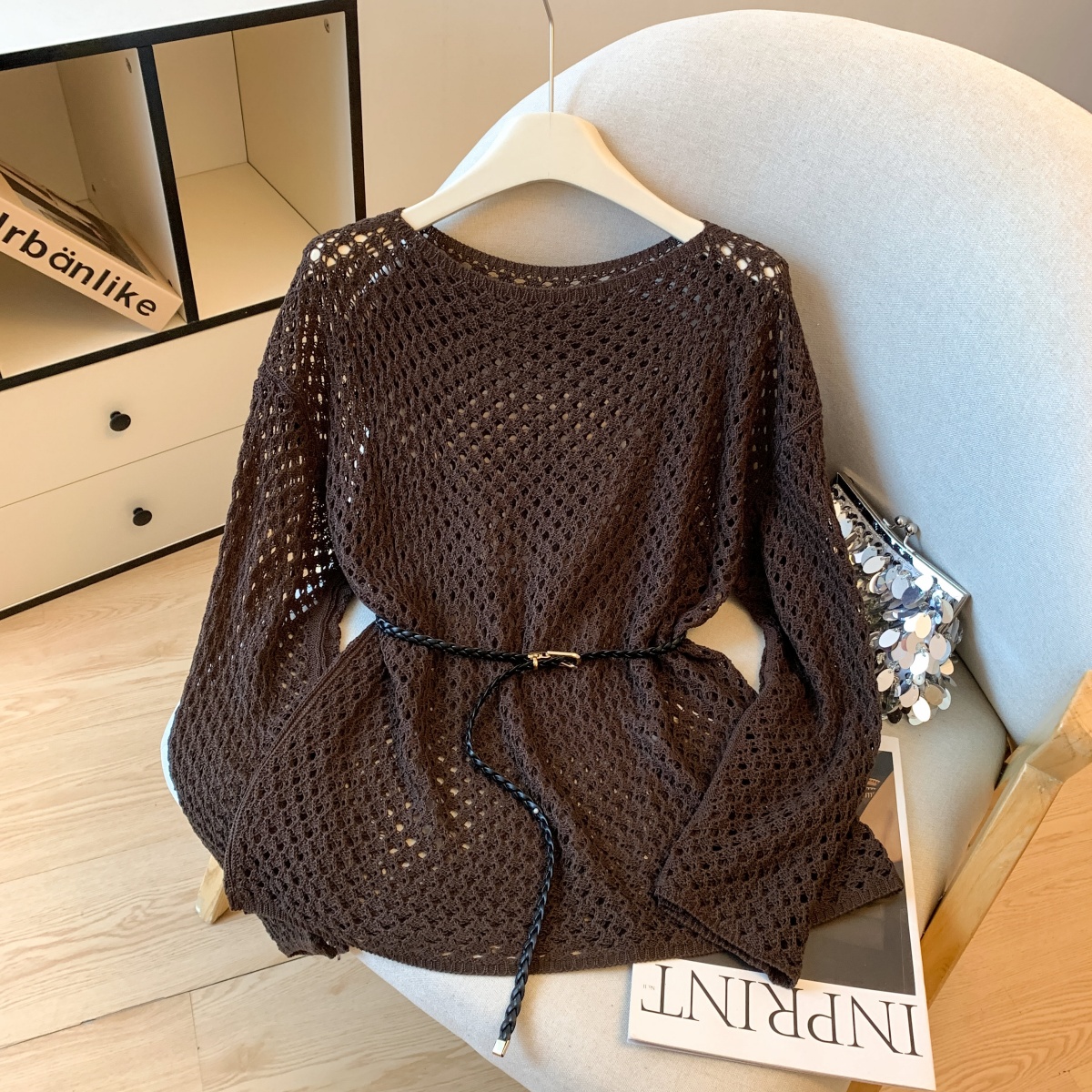 Women's Loose Hollow Knit Pullover Top with Belt Casual French Style - Image 4