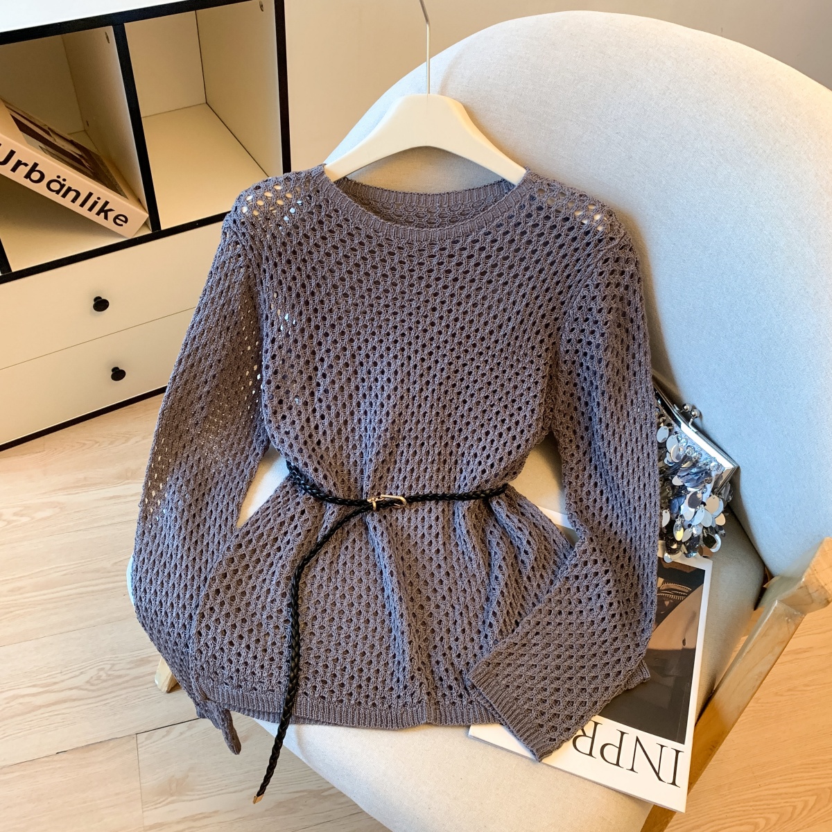 Women's Loose Hollow Knit Pullover Top with Belt Casual French Style - Image 5