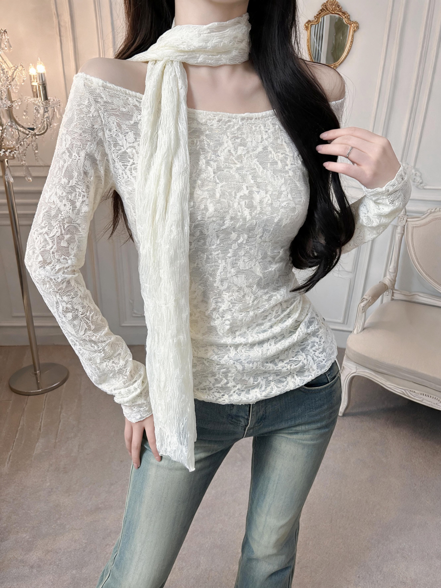Women's Off-Shoulder Lace T-Shirt with Ribbon Accent Long Sleeve Slim Fit Top - Style af0af7