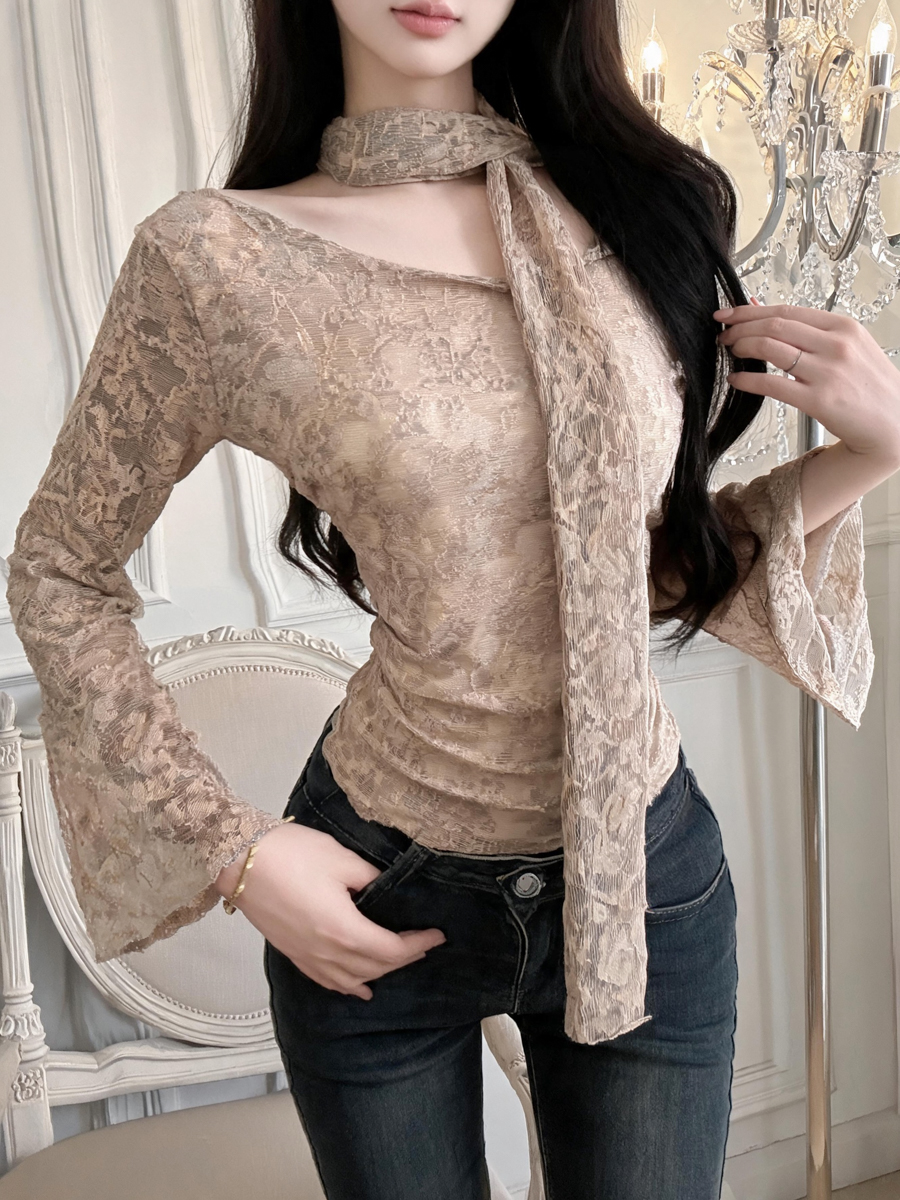 Women's Off-Shoulder Lace T-Shirt with Ribbon Accent Long Sleeve Slim Fit Top - Style af0af7 - Image 2