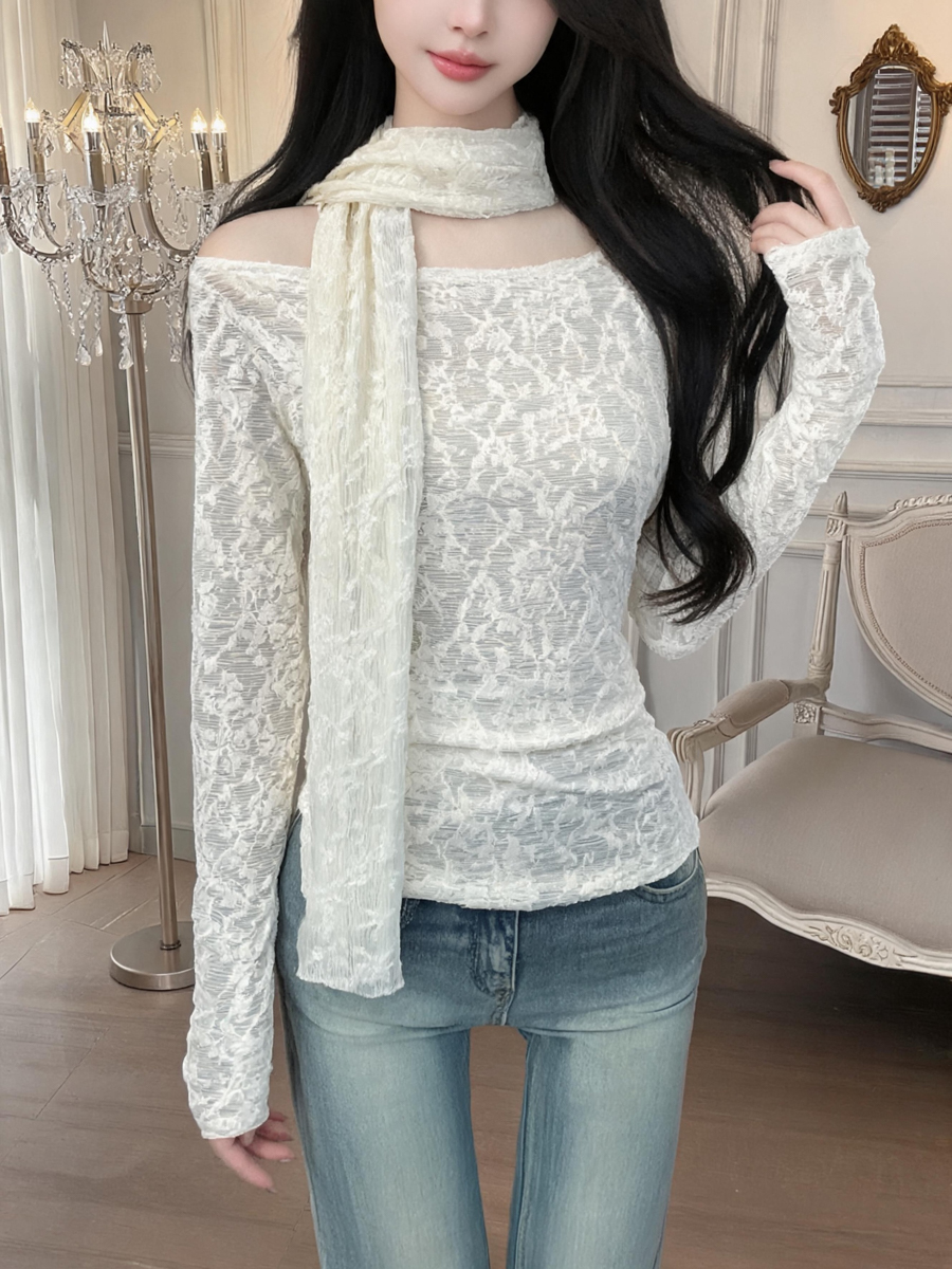 Women's Off-Shoulder Lace T-Shirt with Ribbon Accent Long Sleeve Slim Fit Top - Style af0af7 - Image 3