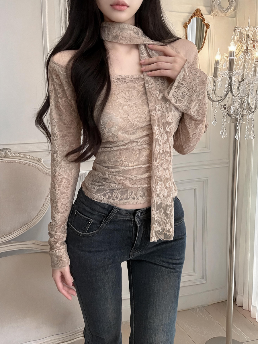 Women's Off-Shoulder Lace T-Shirt with Ribbon Accent Long Sleeve Slim Fit Top - Style af0af7 - Image 4