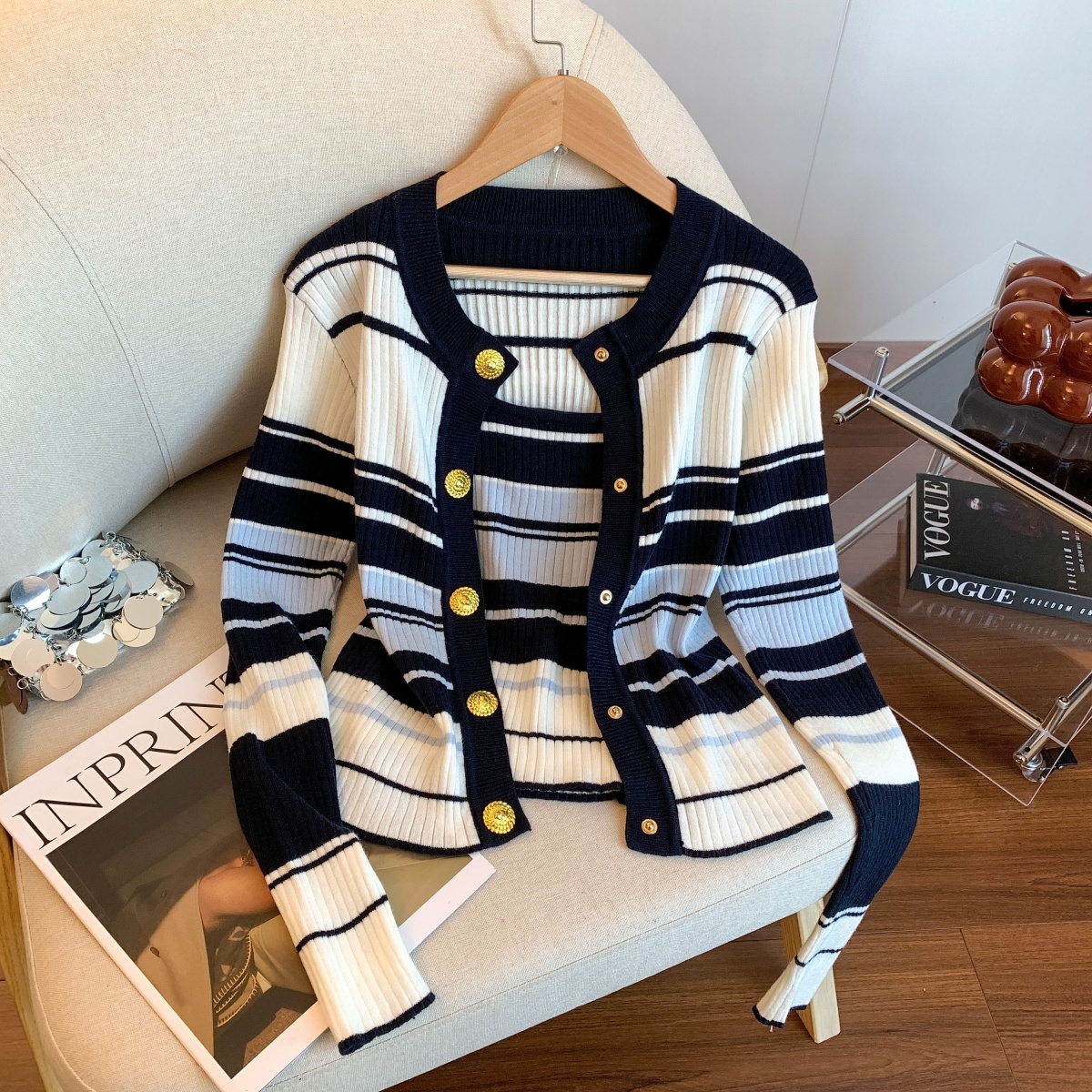 Women's Ribbed Color Block Striped Knit Cardigan and Cami Two Piece Set