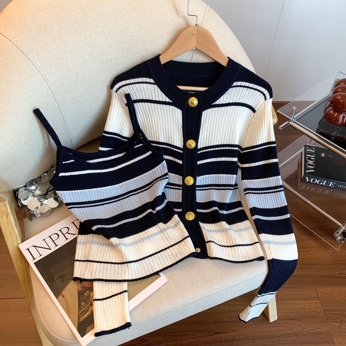 Women's Ribbed Color Block Striped Knit Cardigan and Cami Two Piece Set - Image 2
