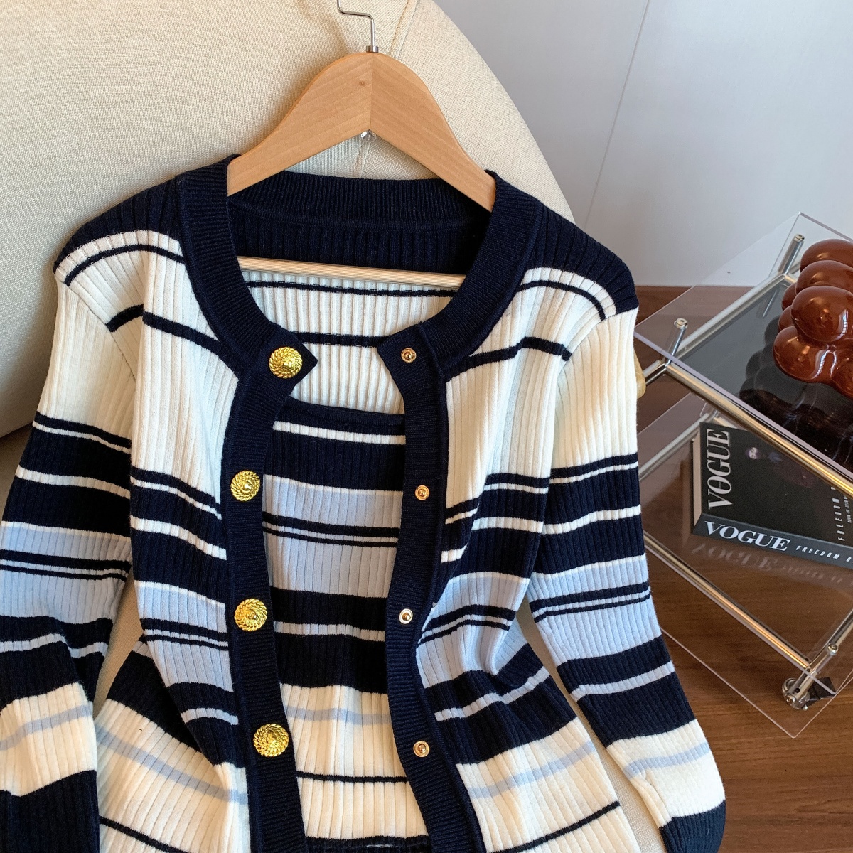 Women's Ribbed Color Block Striped Knit Cardigan and Cami Two Piece Set - Image 3