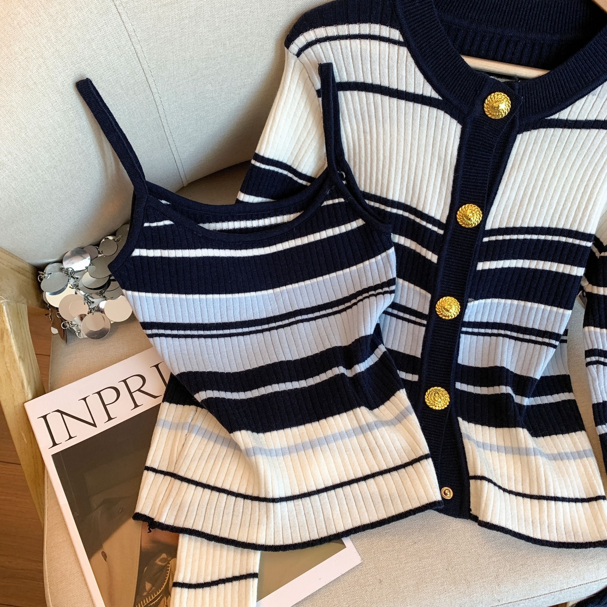 Women's Ribbed Color Block Striped Knit Cardigan and Cami Two Piece Set - Image 4