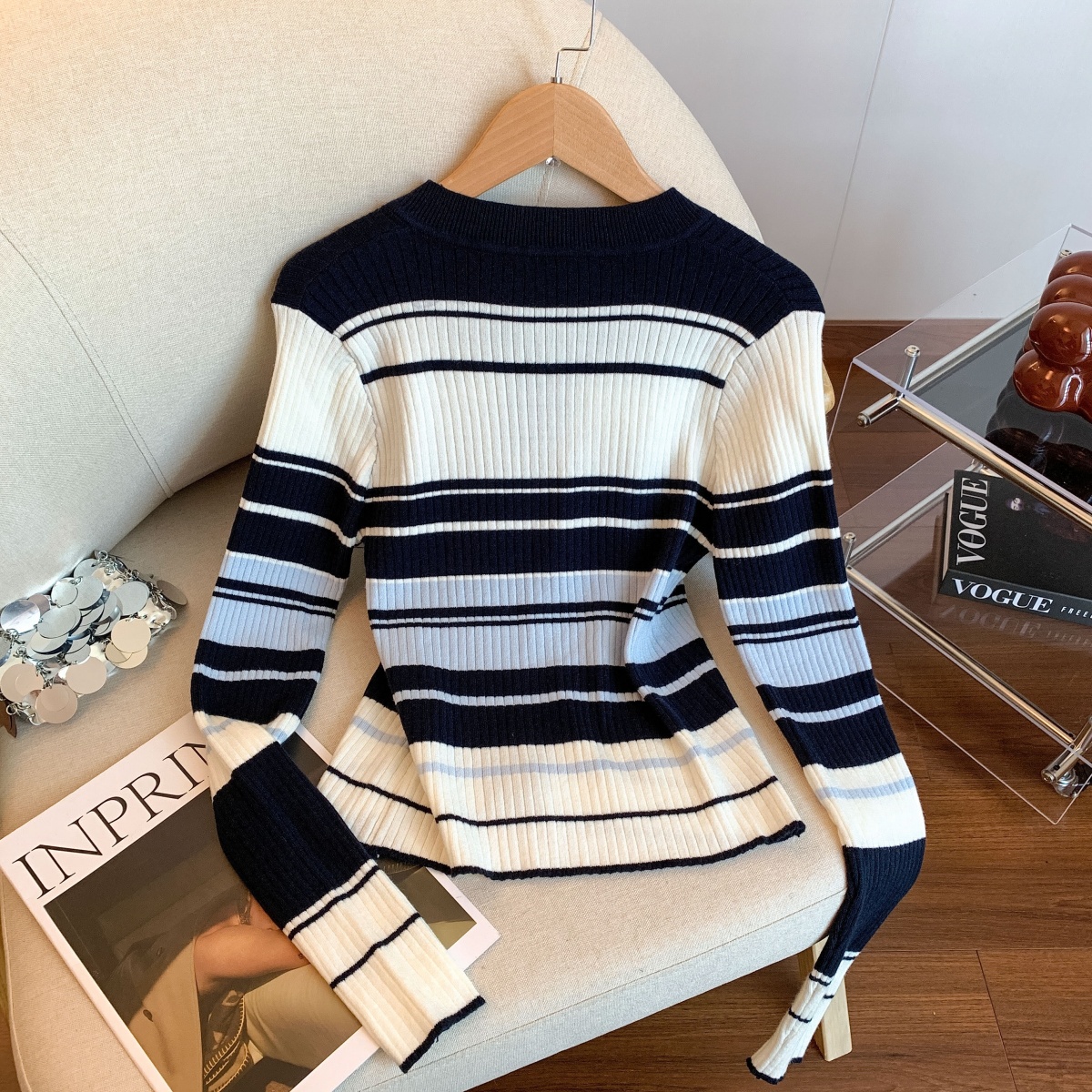 Women's Ribbed Color Block Striped Knit Cardigan and Cami Two Piece Set - Image 5