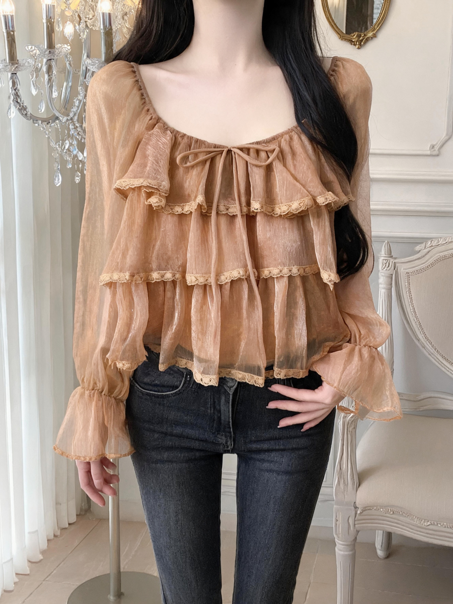 Women's Ruffle Lace Top with Long Bubble Sleeves and Square Neck