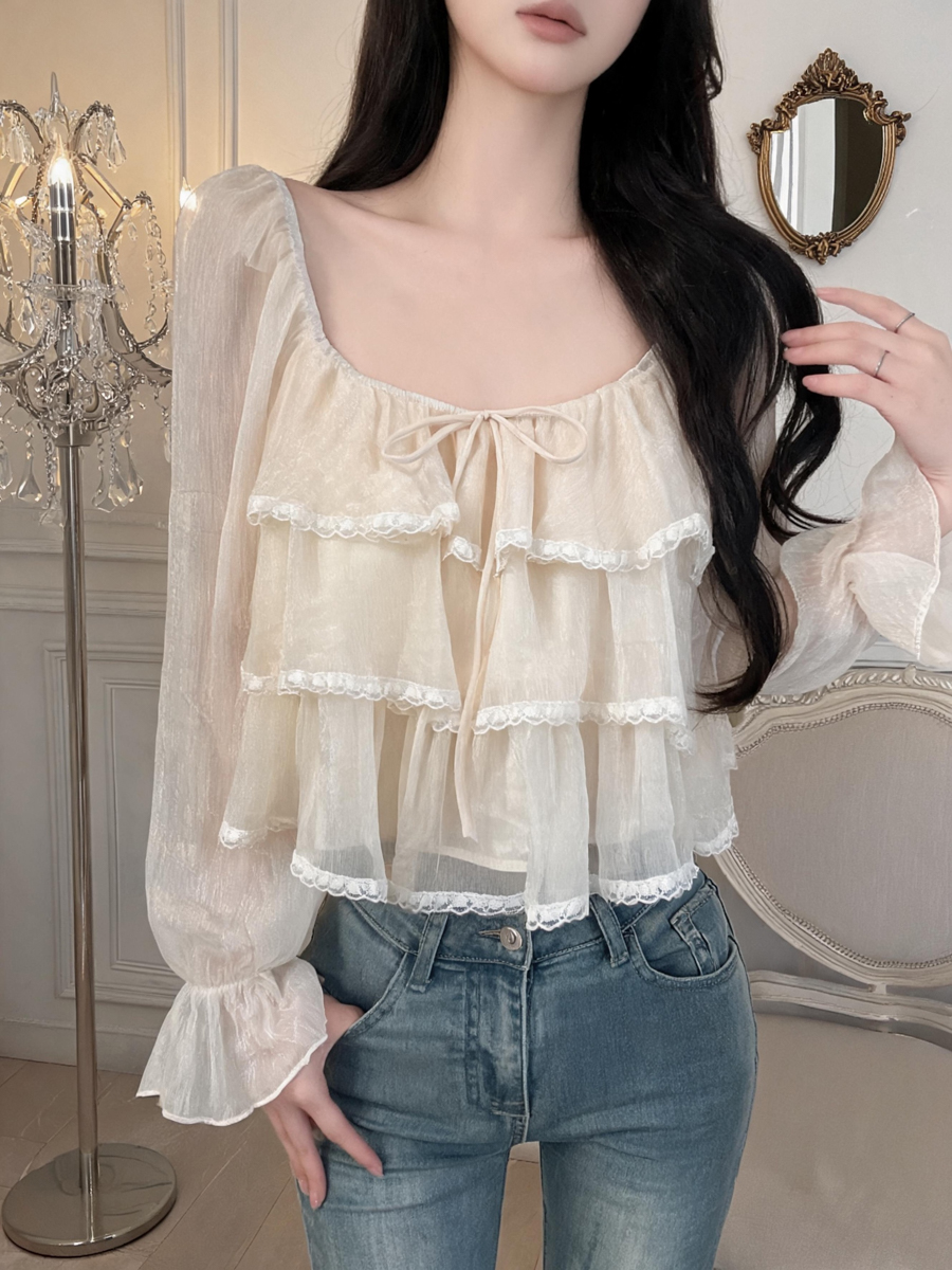 Women's Ruffle Lace Top with Long Bubble Sleeves and Square Neck - Image 2