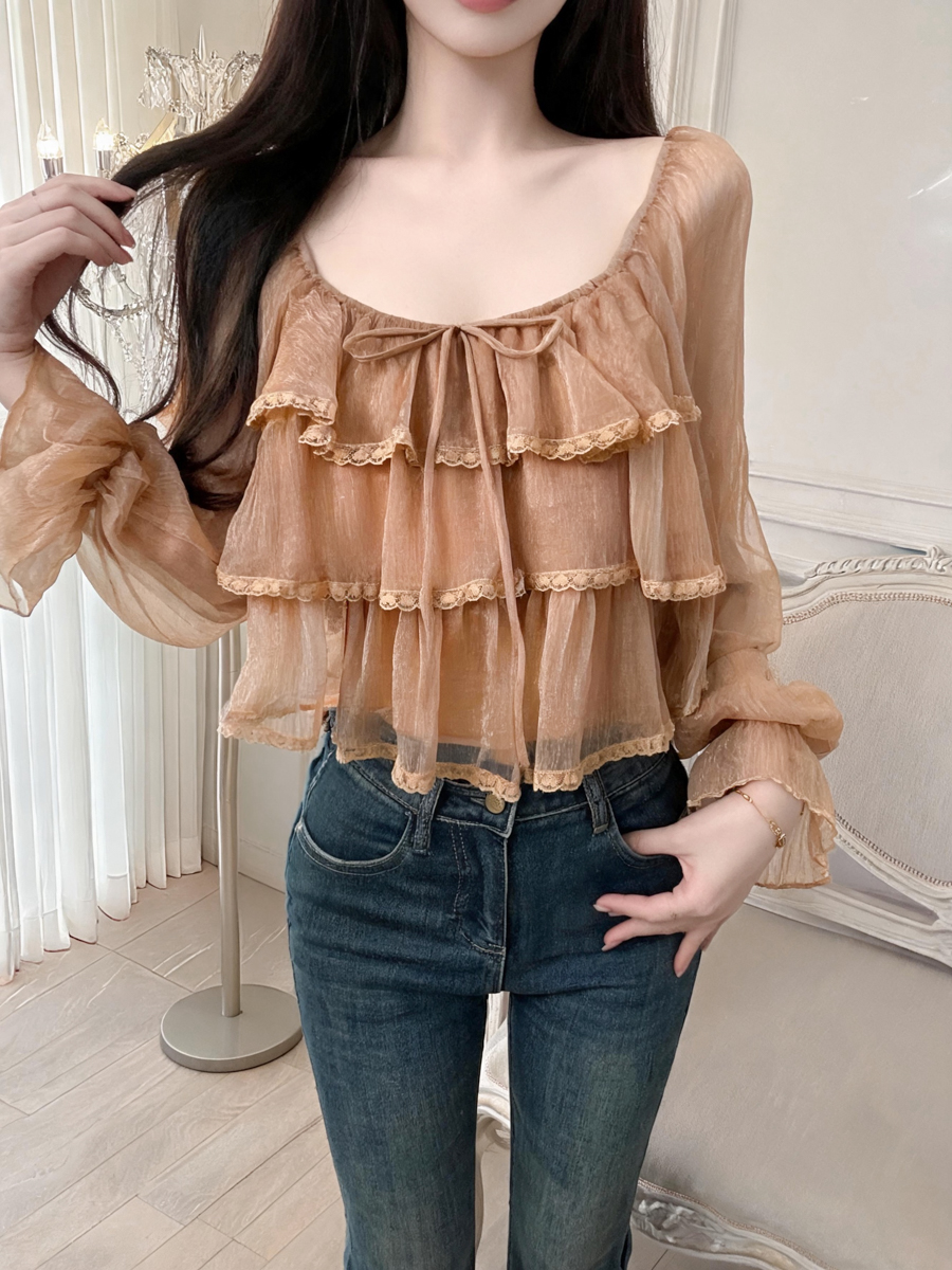 Women's Ruffle Lace Top with Long Bubble Sleeves and Square Neck - Image 3