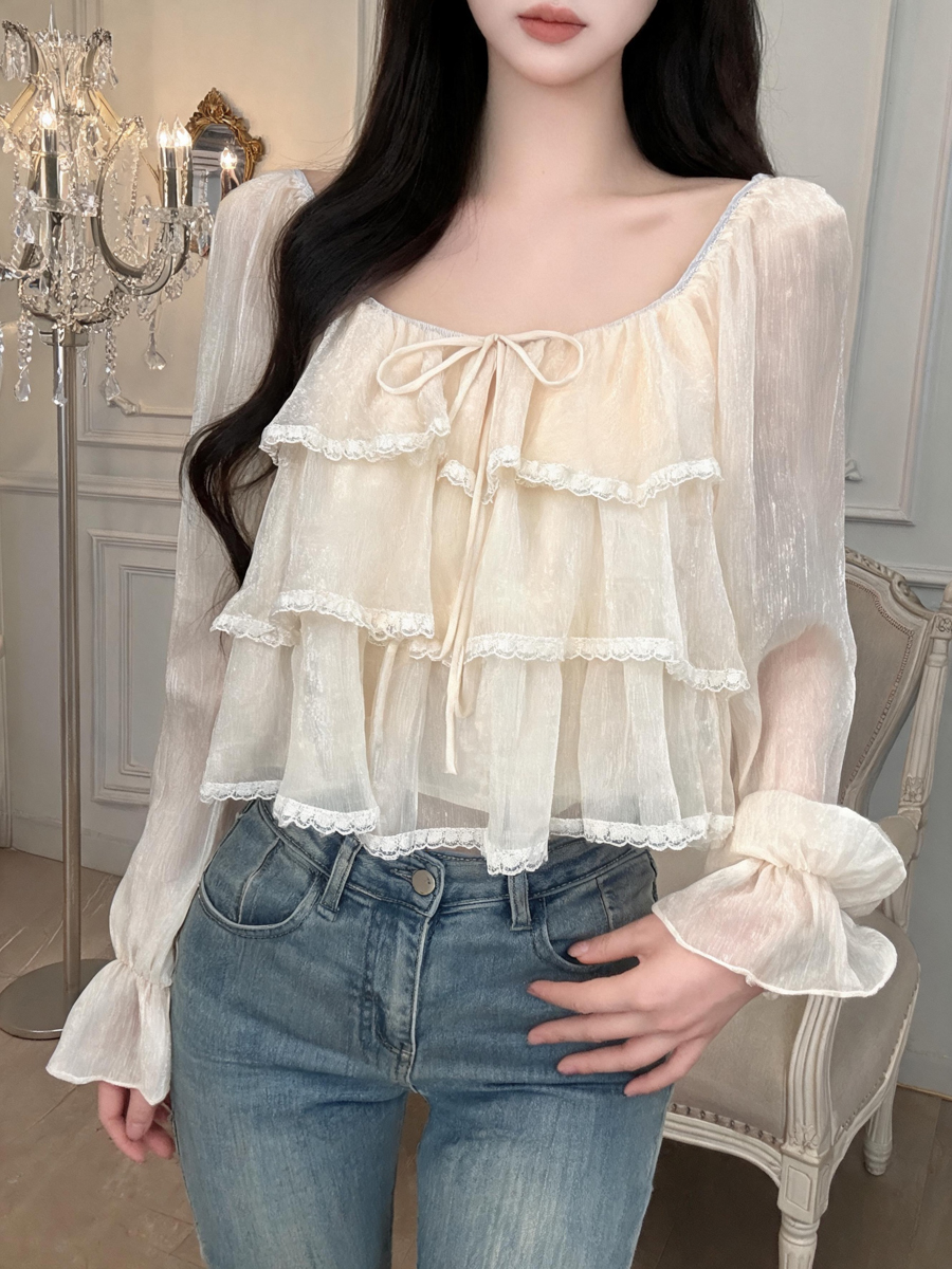 Women's Ruffle Lace Top with Long Bubble Sleeves and Square Neck - Image 4