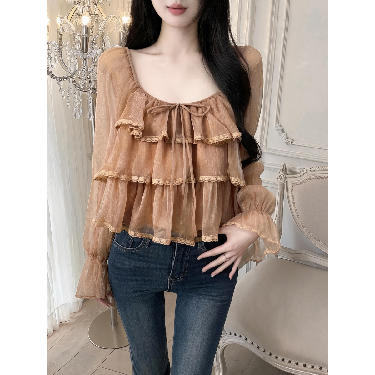 Women's Ruffle Lace Top with Long Bubble Sleeves and Square Neck - Image 5