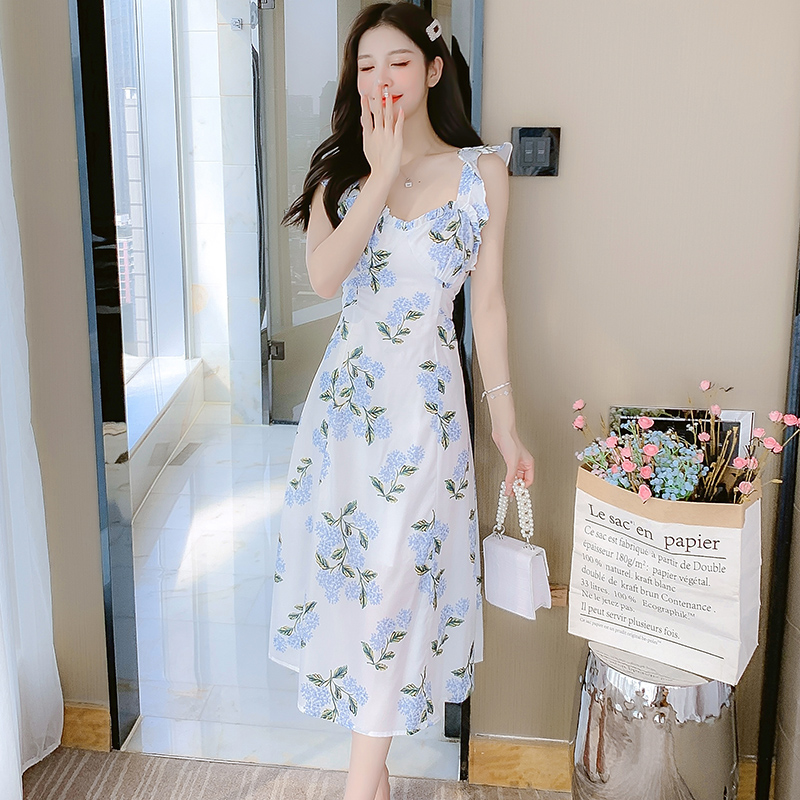 Women's Summer 2024 Sleeveless Spaghetti Strap Midi Dress - Chiffon Floral Ruffle V-Neck