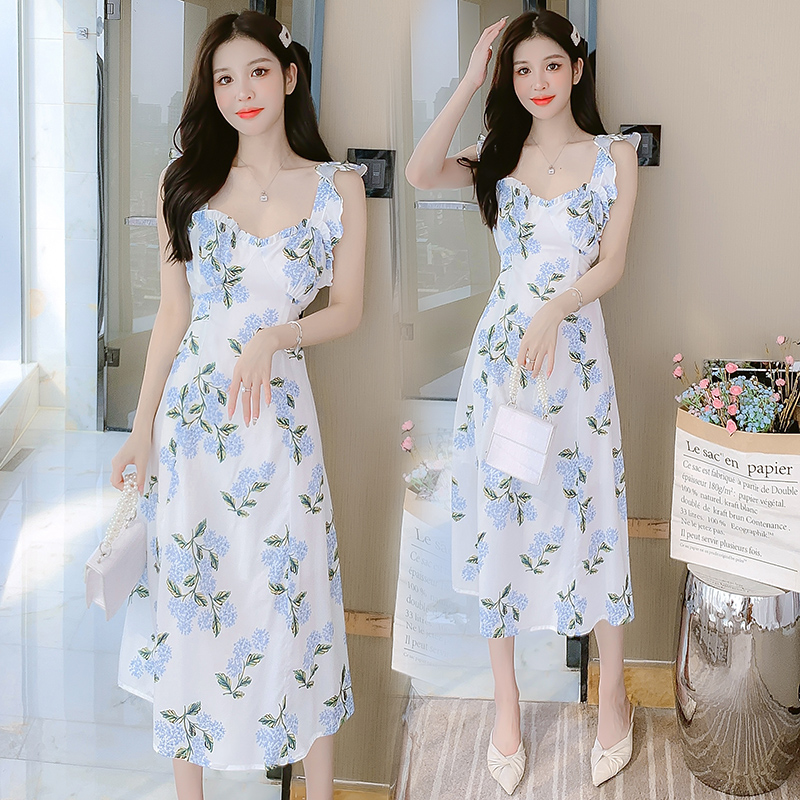 Women's Summer 2024 Sleeveless Spaghetti Strap Midi Dress - Chiffon Floral Ruffle V-Neck - Image 3