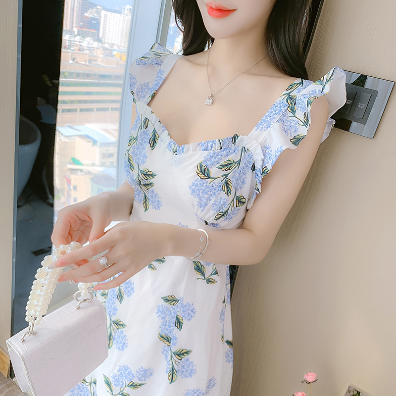 Women's Summer 2024 Sleeveless Spaghetti Strap Midi Dress - Chiffon Floral Ruffle V-Neck - Image 4