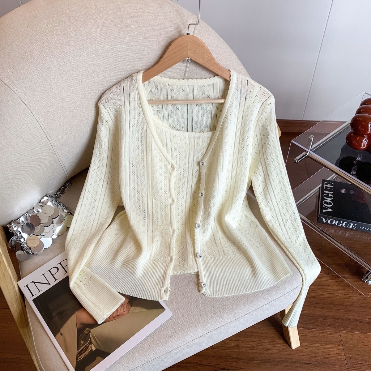 Women's Two-Piece Soft Knit Sweater Set 2026 Fall Solid Color Cardigan Outfit - Style 681500
