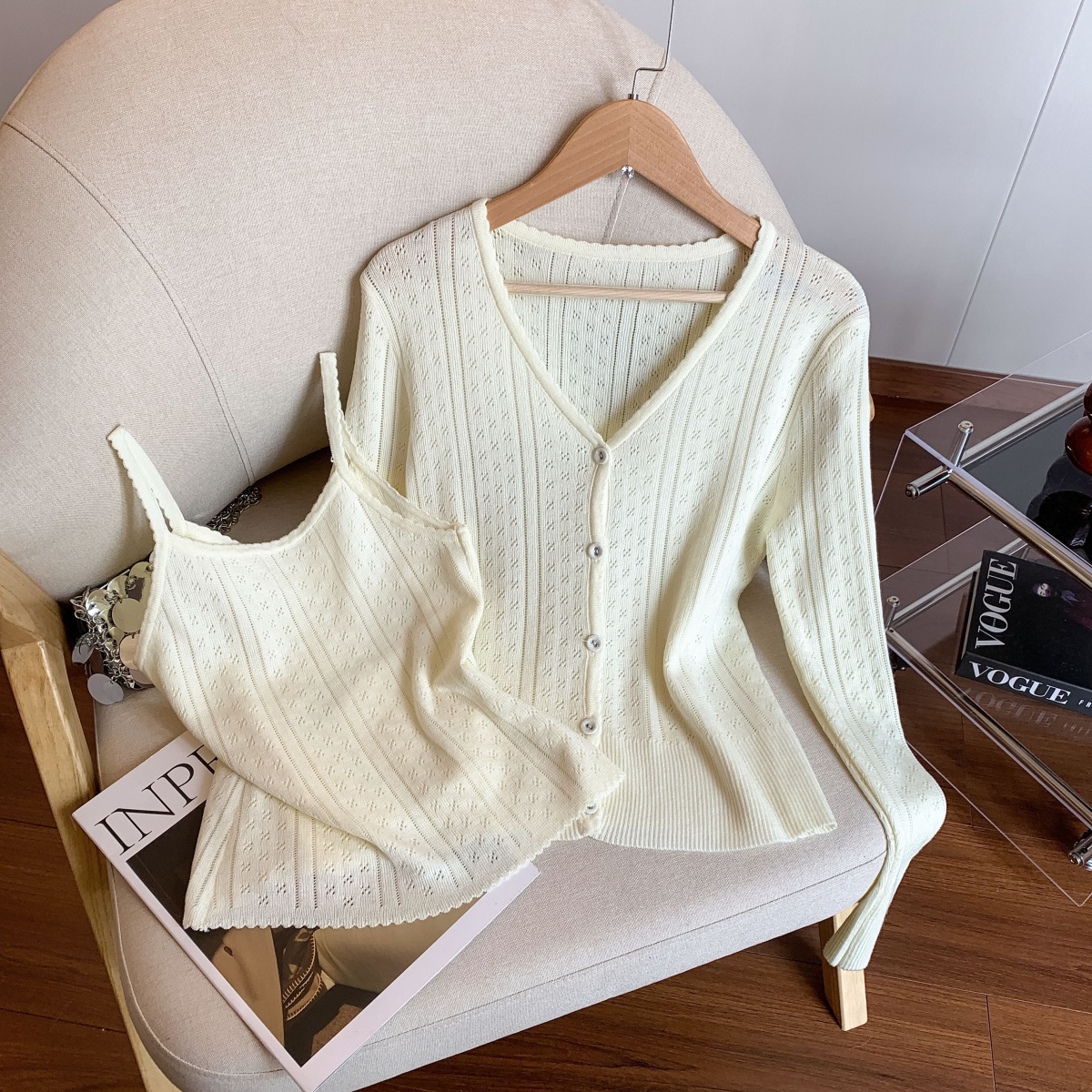 Women's Two-Piece Soft Knit Sweater Set 2026 Fall Solid Color Cardigan Outfit - Style 681500 - Image 2