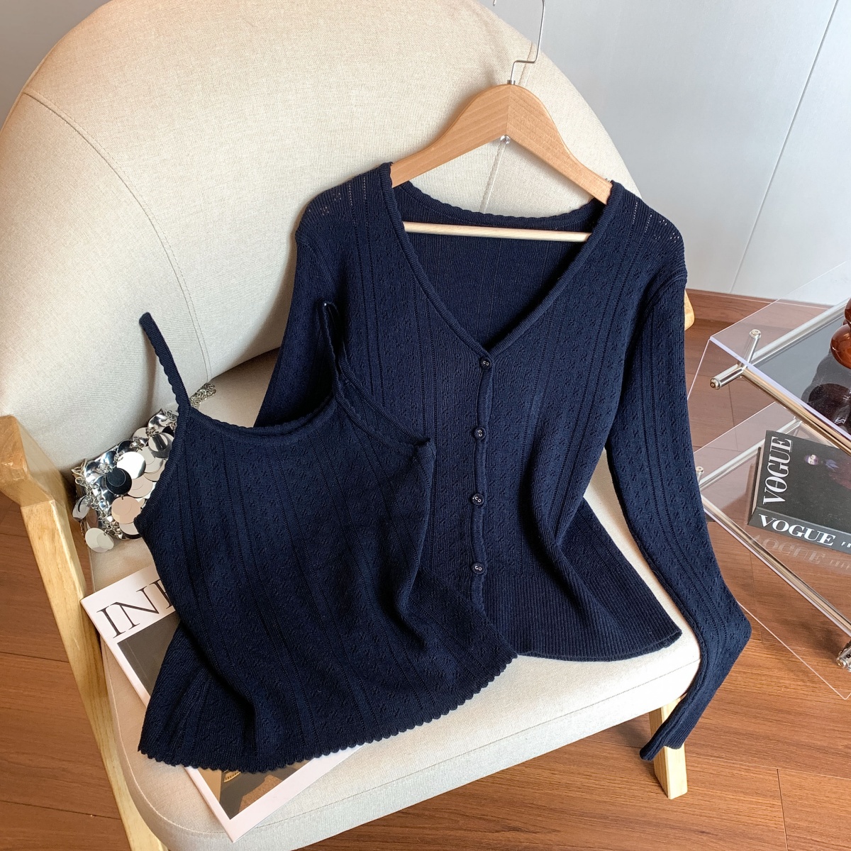 Women's Two-Piece Soft Knit Sweater Set 2026 Fall Solid Color Cardigan Outfit - Style 681500 - Image 3
